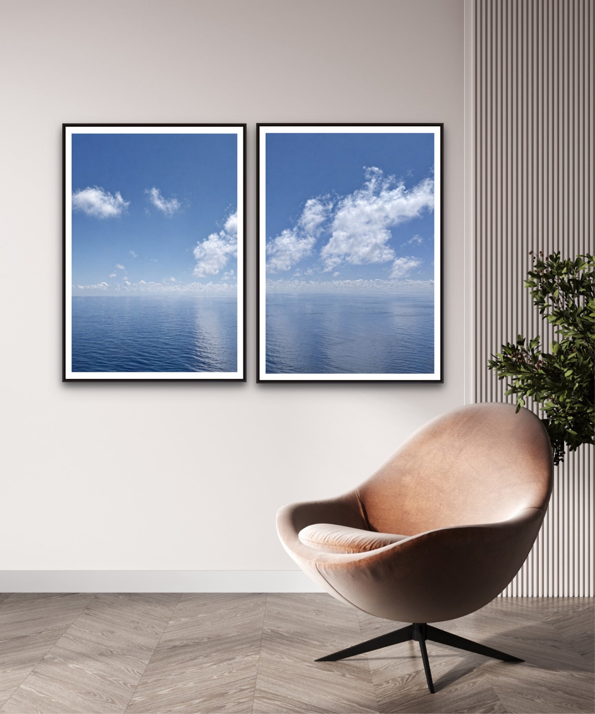 Two framed images of a blue sky with clouds above a beige chair and plant.